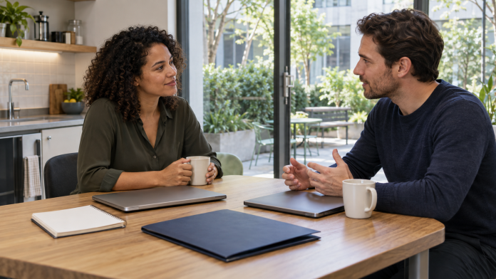 Two professionals have a respectful conversation at a shared-workspace table