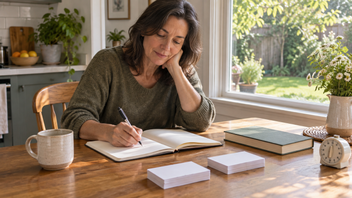 A person journals at a kitchen table to reflect on ideas associated with Akashic Records