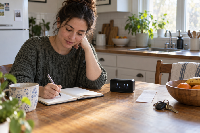 Person journaling at a kitchen table beside a digital clock displaying 11:11