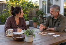How Can a Psychic Help Your Relationship? Two adults talk at an outdoor table while one writes beside small wooden tiles