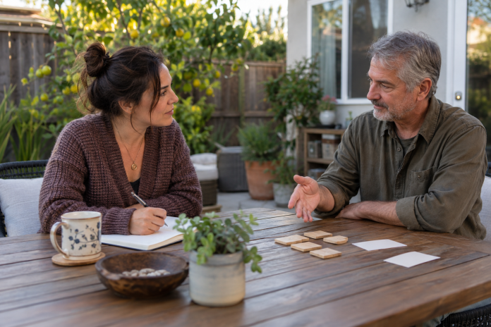 Two adults talk at an outdoor table while one writes beside small wooden tiles