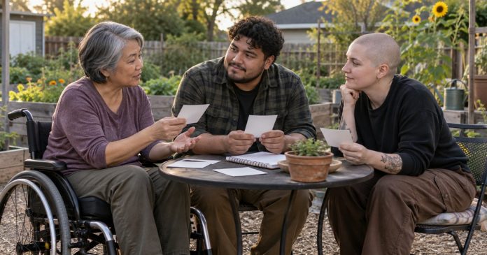 Three adults of varied ages and identities, including a wheelchair user, discussing blank reflection cards at a community garden table