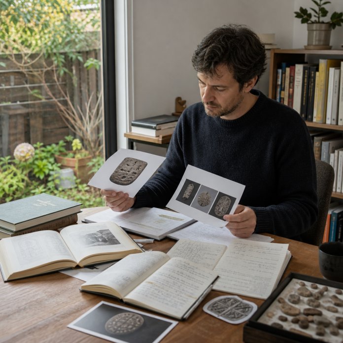 Researching Psychic Traditions Across Cultures Researcher comparing museum records and historical sources at a modest home desk