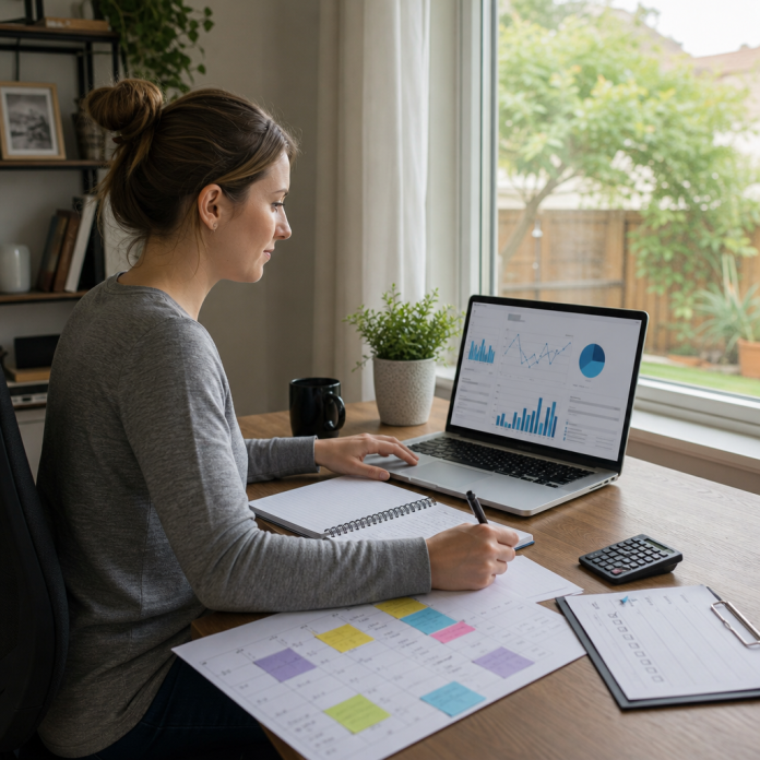 Affiliate marketer reviewing anonymous campaign analytics at a modest home office desk