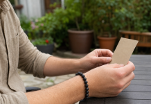 Do Feng Shui Bracelet’s Make You Healthy? Adult examining a simple black bead bracelet and materials card at a backyard table