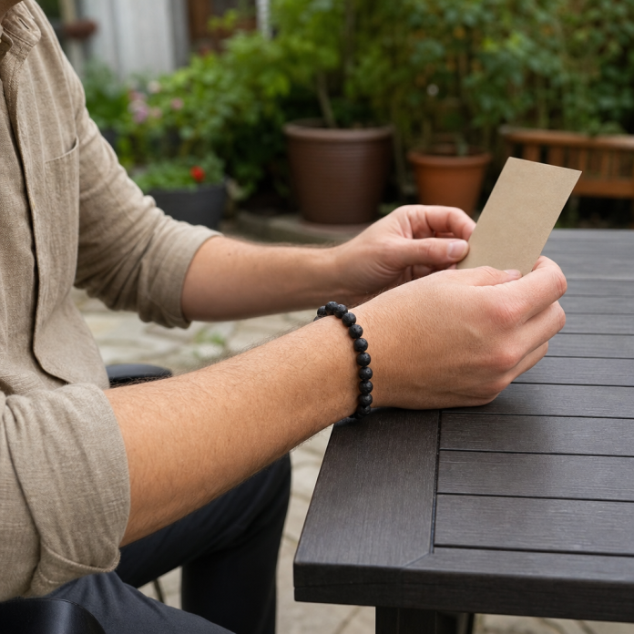 Evaluating a Symbolic Bracelet at Home Adult examining a simple black bead bracelet and materials card at a backyard table
