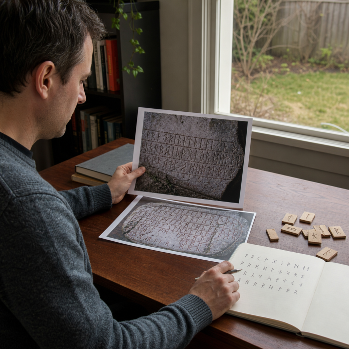 Researcher comparing illustrative inscription photographs and a rune reference at a home desk