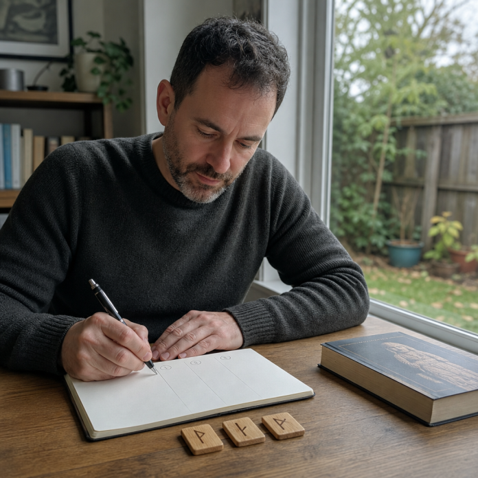 A Grounded Three-Rune Reflection Adult recording a three-rune reflection in a notebook at a modest home desk
