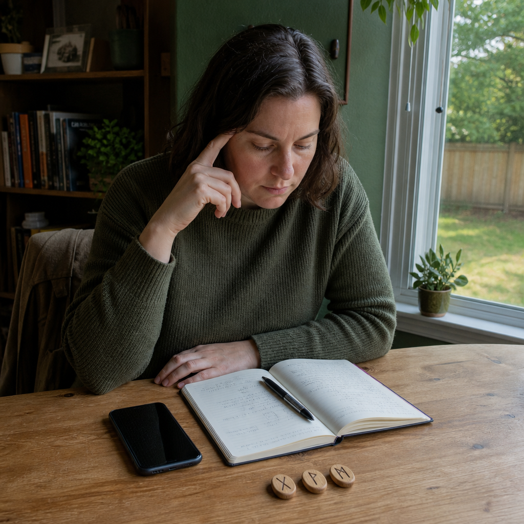 Adult reviewing a rune-reading session with notes, a phone and three rune tiles at a modest home table