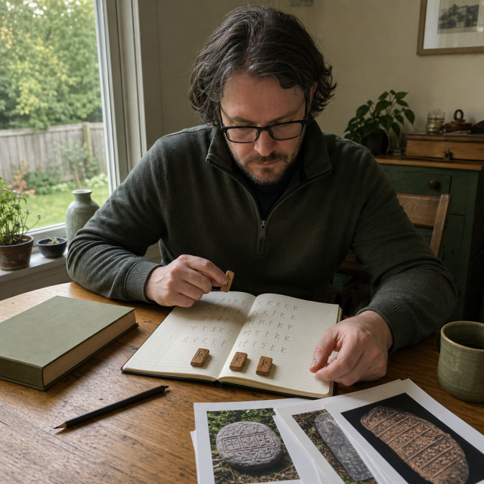 Adult comparing rune reference notes and modern wooden tiles at a modest home table