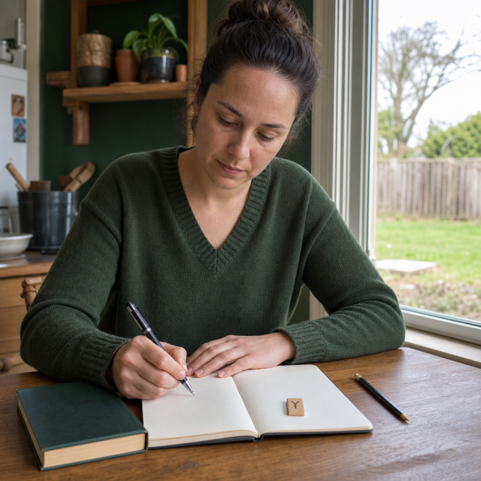 A One-Rune Reflection at Home Adult recording a one-rune reflection in a notebook at a modest home table