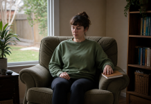Opening the Third Eye Adult pausing for a short grounding exercise in a modest home living room