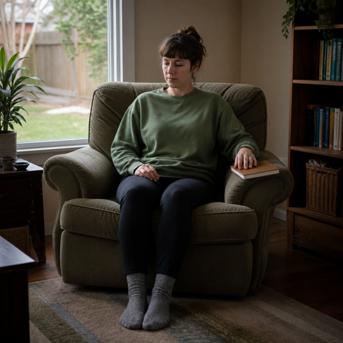 Adult pausing for a short grounding exercise in a modest home living room