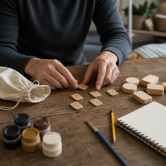 Modern Rune Set at a Home Craft Table Adult arranging a handmade rune set beside safe craft materials at home