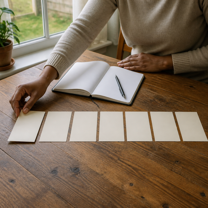 Seven-step reflection journal at home Adult arranging seven blank reflection cards beside a journal at a modest home table