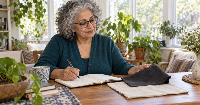 Older woman journaling beside charcoal and cream fabric swatches in a bright sunroom