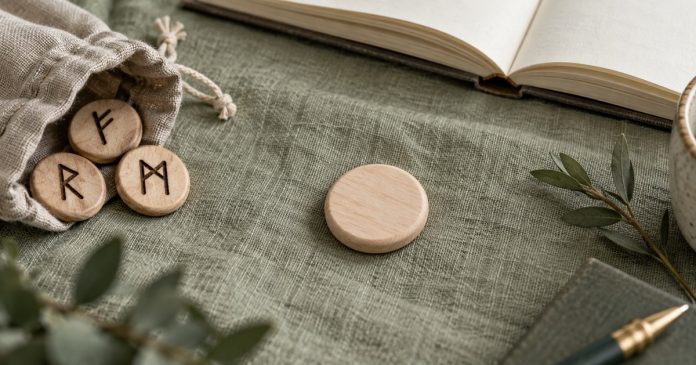 The blank rune in modern practice Unmarked wooden token beside a pouch of marked practice runes on sage fabric.