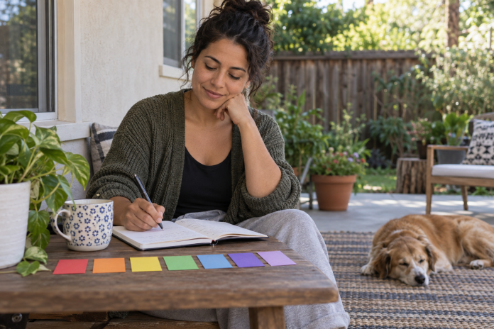 Woman journaling on a quiet patio beside seven colored reflection cards