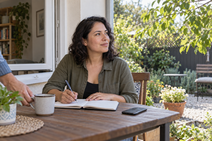 Woman calmly recording ordinary sounds in a notebook on a home patio