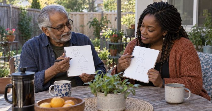 Older South Asian man and Black woman compare simple shape sketches during a backyard observation exercise
