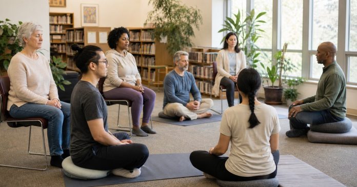 Community Meditation and Collective Stress: What We Know Inclusive community meditation in a bright public library