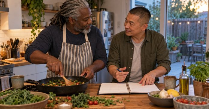 Two middle-aged men cooking together and reviewing a blank weekly planner in a modest home kitchen