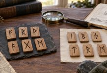 Elder vs Younger Futhark: Which Rune Set Should You Use? Illustrative wooden rune practice tiles arranged in two groups beside a notebook and magnifying glass.