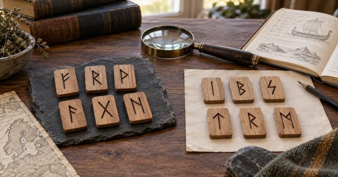 Comparing rune alphabets Illustrative wooden rune practice tiles arranged in two groups beside a notebook and magnifying glass.