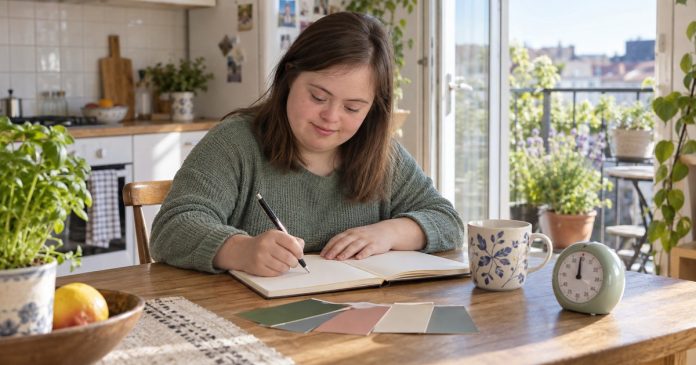 Young woman writing in a journal beside color cards and a kitchen timer at a sunny apartment table