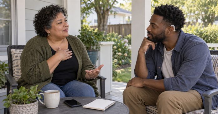 A plus-size middle-aged woman speaking with a younger man wearing a hearing aid during a calm front-porch conversation