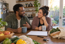 Finding a Soulmate Two adults sit at a kitchen table with mugs, a calendar, groceries, and keys while looking toward each other