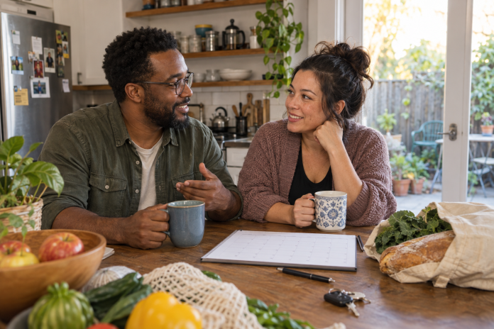 Two adults sit at a kitchen table with mugs, a calendar, groceries, and keys while looking toward each other
