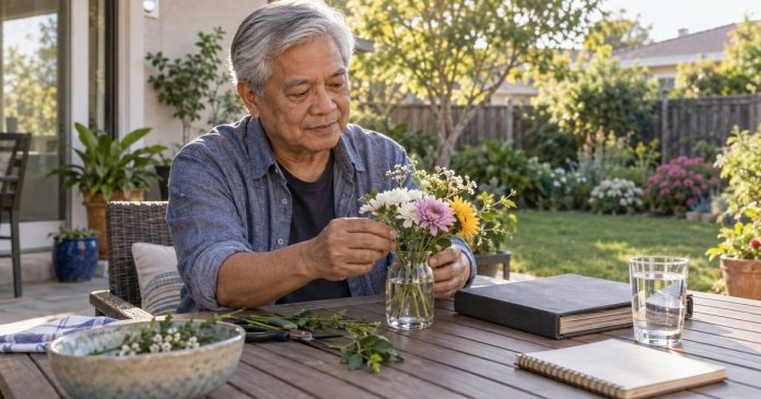 Older man arranging garden flowers beside a closed photo album and notebook on a sunny backyard patio