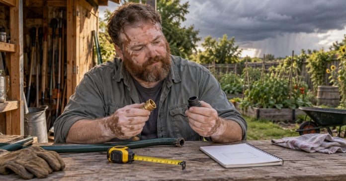 A stocky middle-aged man with vitiligo comparing two hose fittings at a backyard workbench before a storm