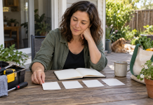 The Law of Karma and How it Helps You Woman reviewing a journal and blank action cards on a home patio beside repair tools and groceries