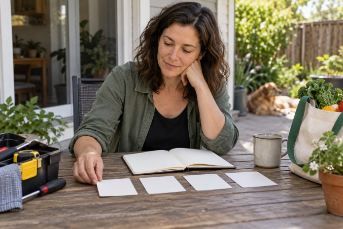 Karma Reflection and Everyday Action Woman reviewing a journal and blank action cards on a home patio beside repair tools and groceries