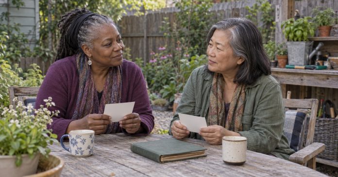 Two older women compare blank note cards while talking at a backyard garden table