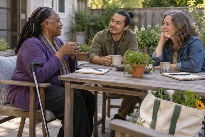 Personal Spirituality in Everyday Community Three adults of varied ages sharing a reflective conversation around a backyard table