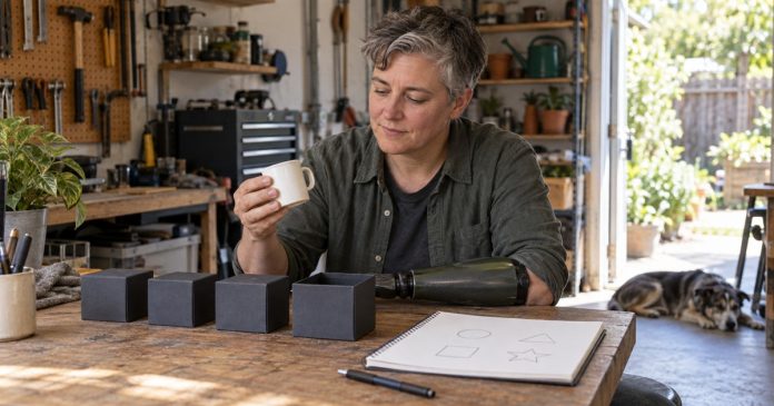 Adult with a prosthetic forearm comparing a recorded shape sketch with four opaque test boxes at a home workshop bench