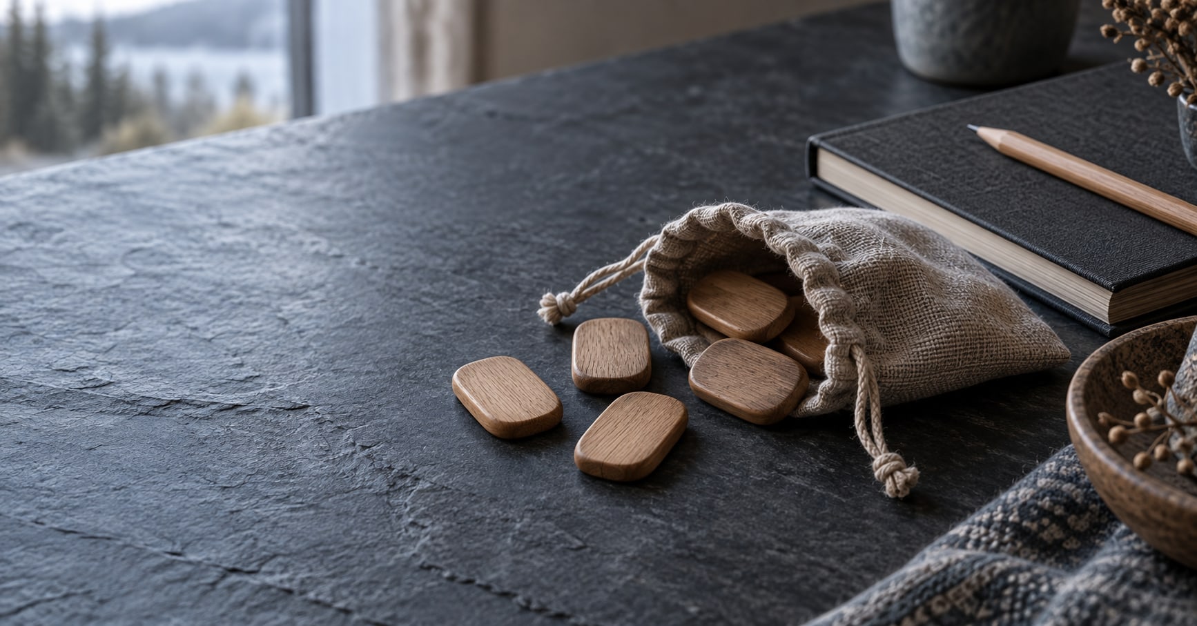 Wooden tiles resting face down beside a linen pouch and a closed notebook.