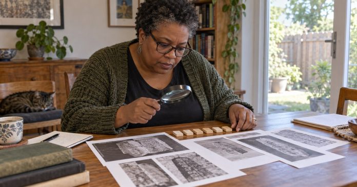 Researcher using a magnifying glass to examine wooden study pieces and printed inscription photographs at a home table