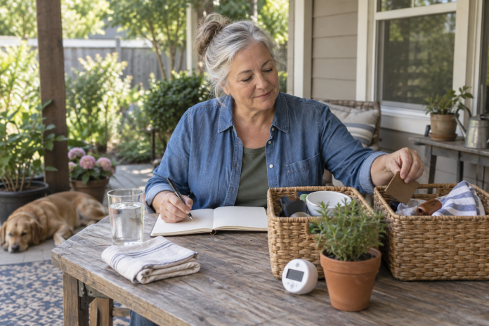 A Grounded Spiritual Reset with Practical Action Older woman writes in a notebook at an outdoor table beside water, baskets, a potted plant, a timer, and a resting dog
