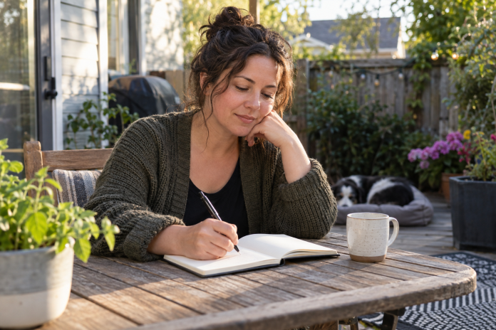 Woman journaling at a backyard table while taking a quiet break