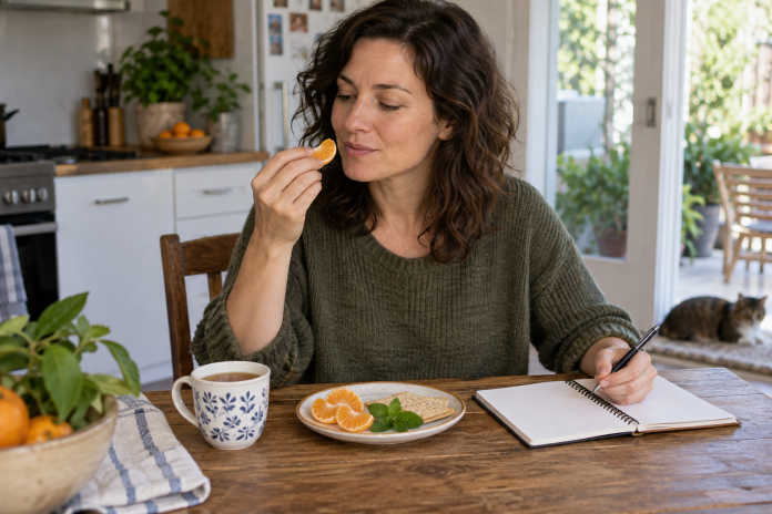 Taste, memory and reflective attention Woman tasting an orange segment while journaling at a home kitchen table