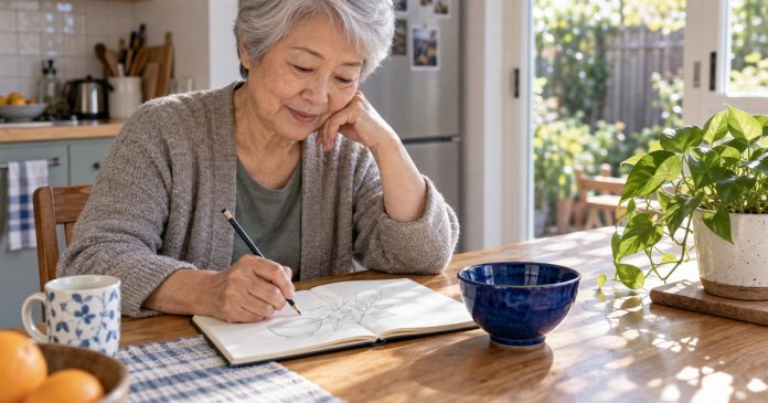 Older woman sketching in a notebook at a sunny kitchen table with a blue bowl and houseplant nearby