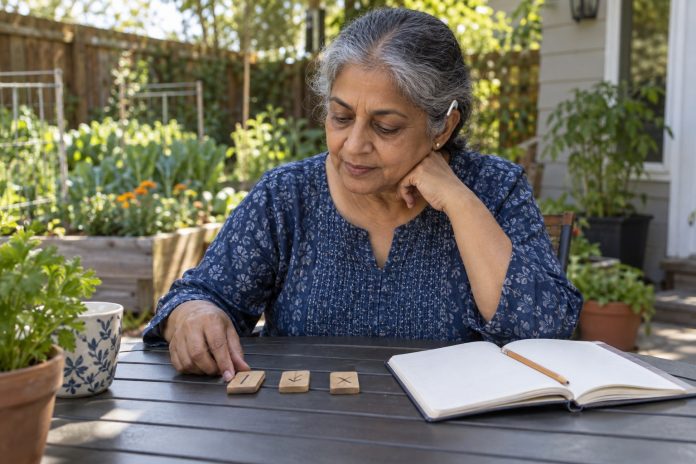 Older woman with a hearing aid comparing three wooden study tiles with a notebook at a backyard table