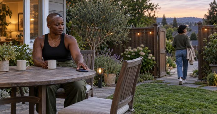 Twin Flame Separation with Consent and Boundaries Two middle-aged women respecting distance as one sits by a face-down phone and the other leaves through an open garden gate