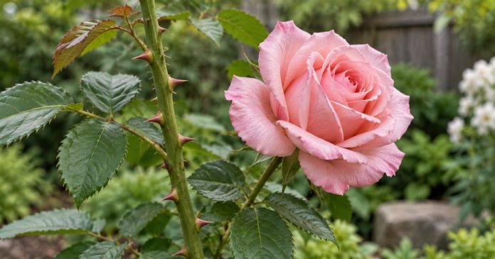 Rose stem in a home garden Pink rose beside a sharply pointed rose stem in a leafy home garden