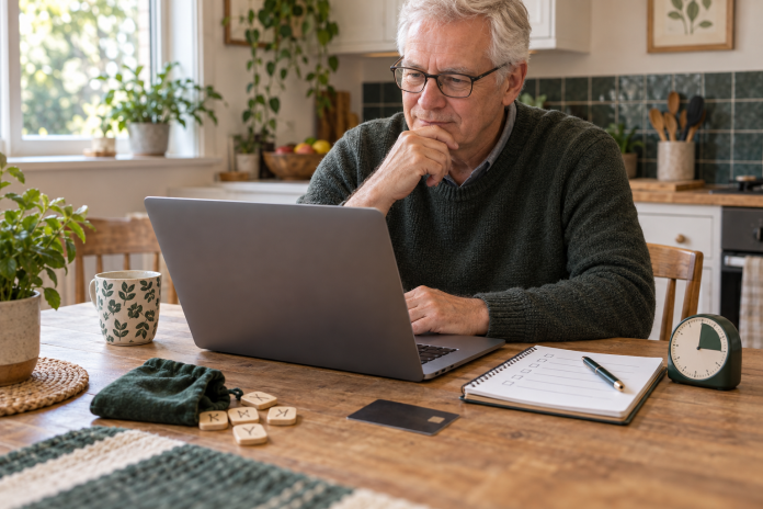 Runes in Psychic Reading Older man checking an online rune reading beside a timer, notebook and wooden study tiles at home