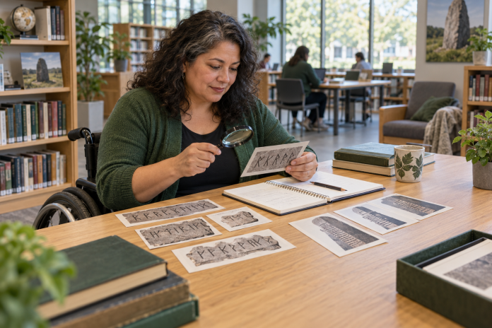 Runes Psychic Readings Wheelchair user comparing rune and ogham inscription facsimiles at a community library table